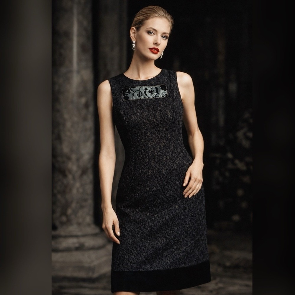 Moschino Vintage 90s Textured Black Sheath Dress Velvet Trim‎ Size 8 Deadstock